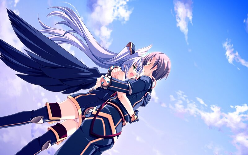 Two Anime Girls Hugging — Blue, Serene, Afternoon