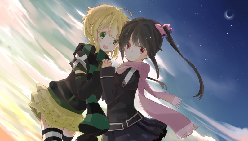 Two Anime Girls Hugging — Blue, Serene, Night, Stars, Moon