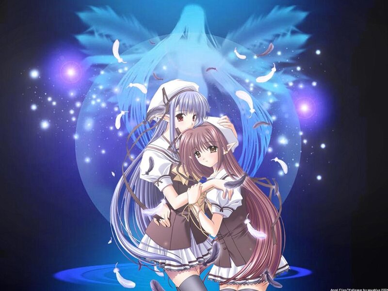 Two Anime Girls Hugging — Blue, Serene, Night