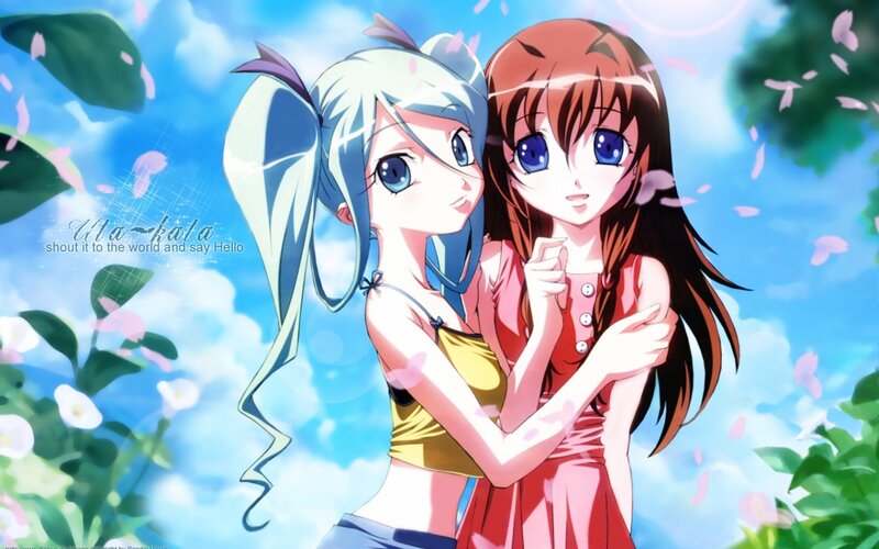Two Anime Girls Hugging — Blue, Serene, Spring, Cherry Blossoms