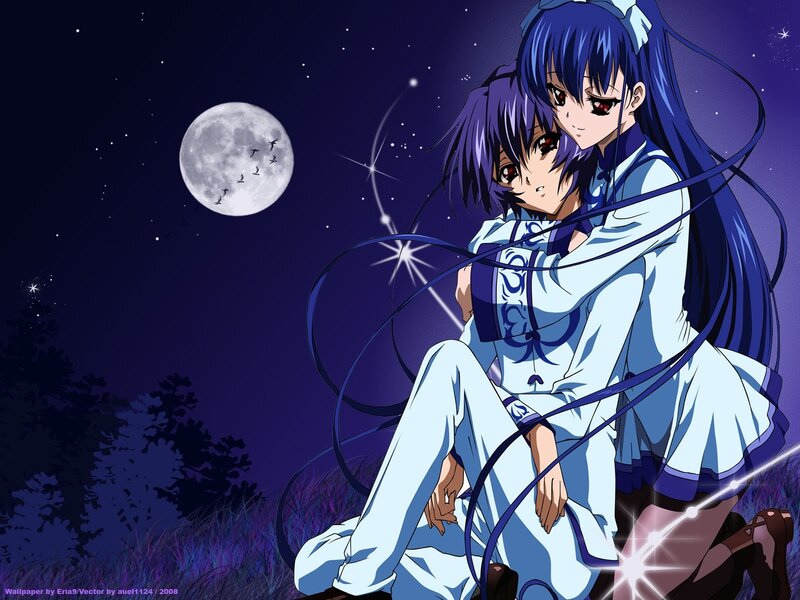 Two Anime Girls Hugging — Blue, Serene