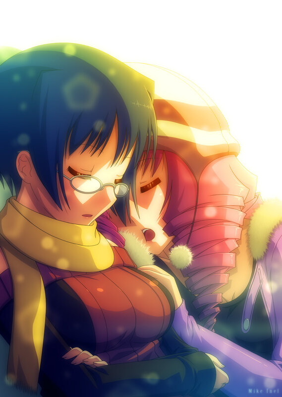 Two Anime Girls Hugging — Blue, Warm