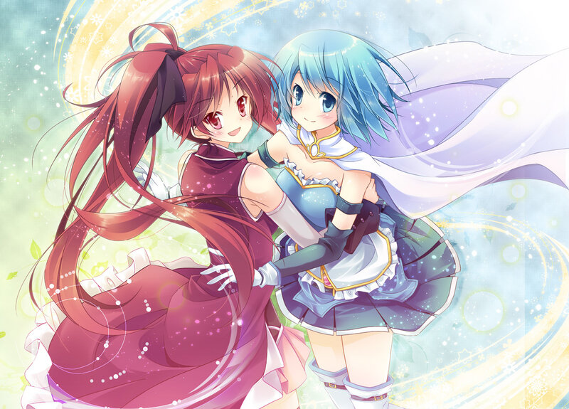 Two Anime Girls Hugging — Blue, Whimsical