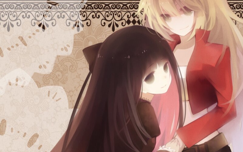 Two Anime Girls Hugging — Brown, Calm