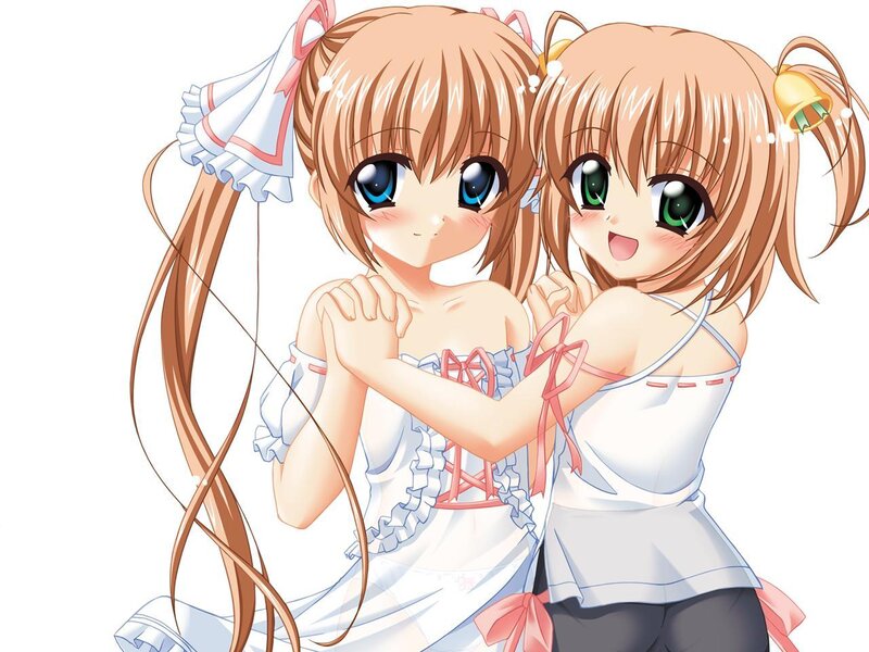 Two Anime Girls Hugging — Brown, Cheerful