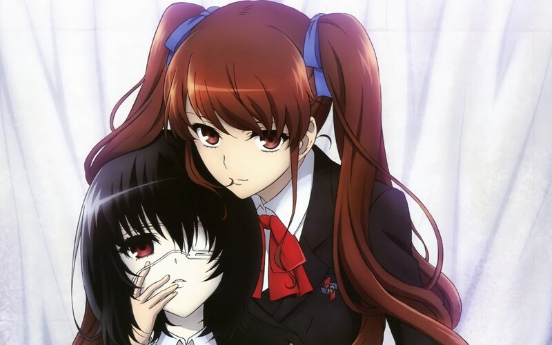 Two Anime Girls Hugging — Brown, Dramatic, School Uniforms, Pigtails