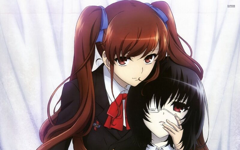Two Anime Girls Hugging — Brown, Dramatic, School Uniforms, Ponytail