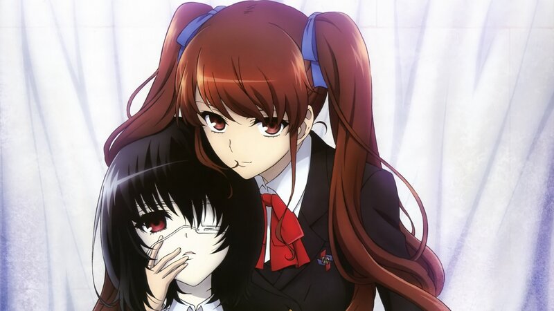 Two Anime Girls Hugging — Brown, Dramatic, School Uniforms, Ponytails
