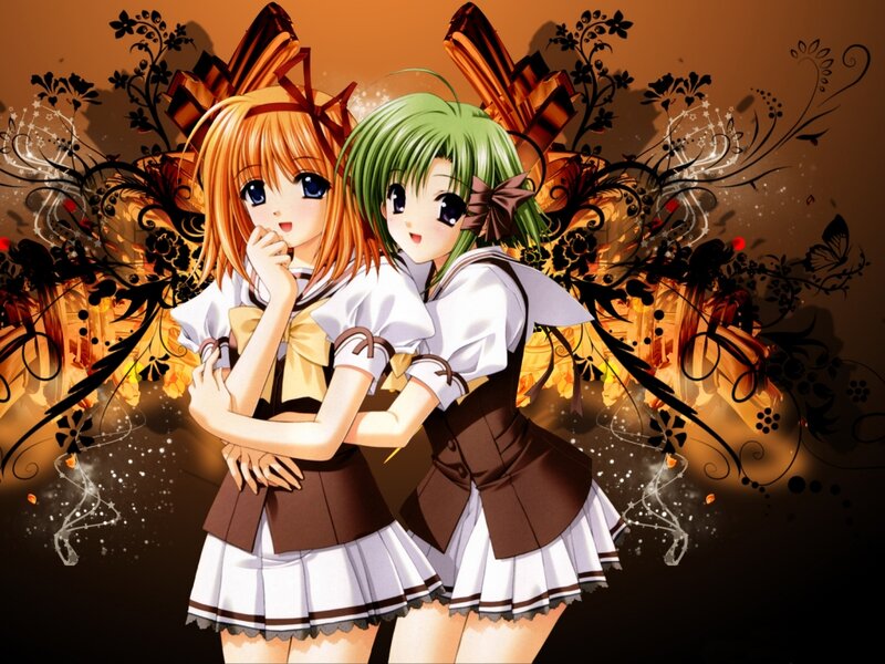 Two Anime Girls Hugging — Brown, Dramatic