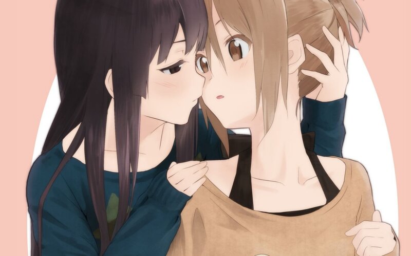 Two Anime Girls Hugging — Brown, Intimate