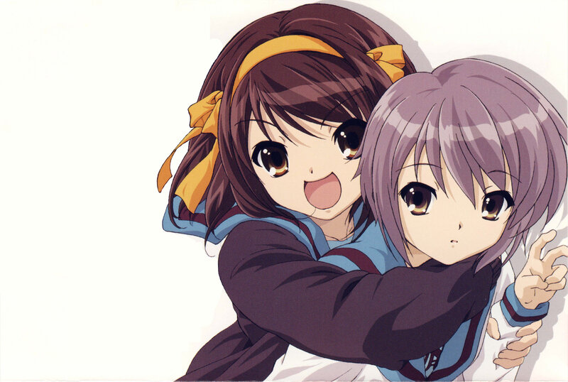 Two Anime Girls Hugging — Brown, Playful, School Uniforms, Headband
