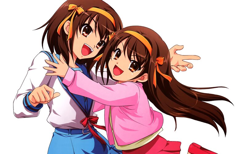 Two Anime Girls Hugging — Brown, Playful, School Uniforms