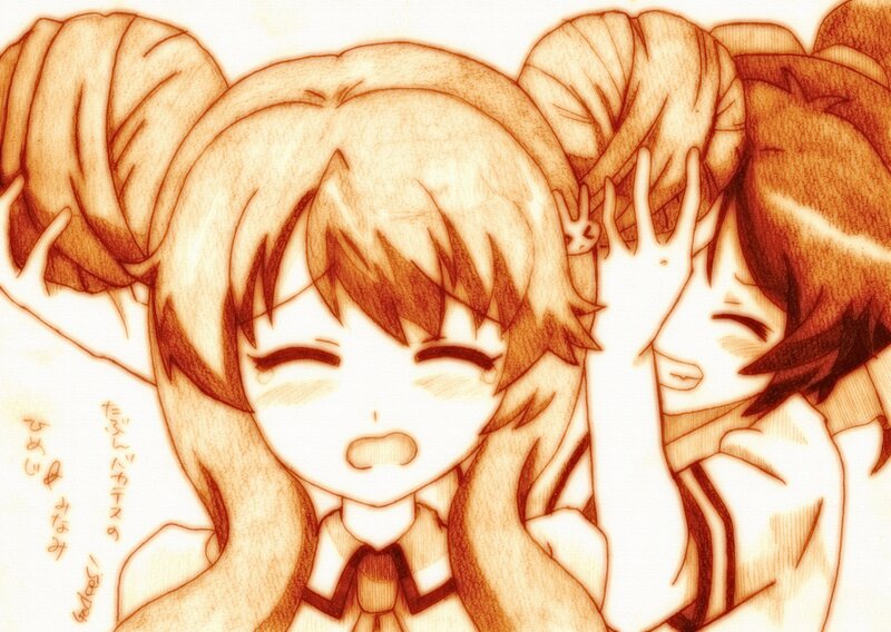 Two Anime Girls Hugging — Brown, Playful