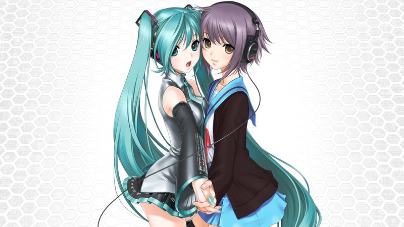 Two Anime Girls Hugging — Cyan, Friendly, Headphones