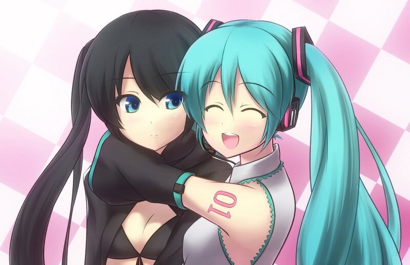 Two Anime Girls Hugging — Cyan, Happy