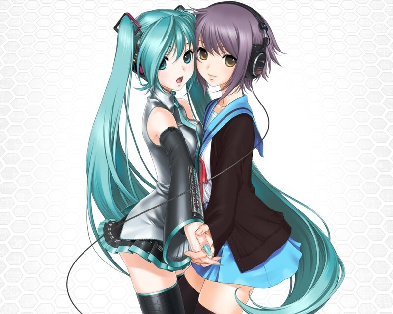 Two Anime Girls Hugging — Cyan, Playful