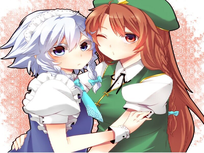 Two Anime Girls Hugging — Green, Affectionate, Anime Art