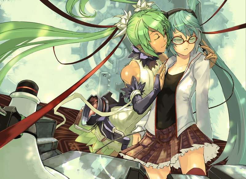 Two Anime Girls Hugging — Green, Calm, Glasses