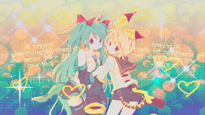 Two Anime Girls Hugging — Green, Cheerful, Bright