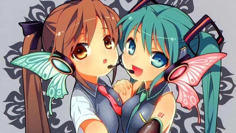 Two Anime Girls Hugging — Green, Cheerful, Headphones