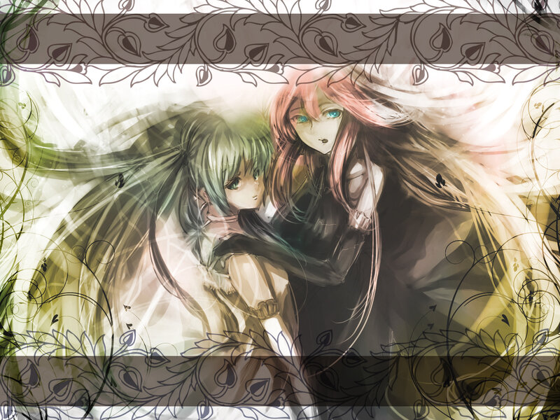 Two Anime Girls Hugging — Green, Dramatic