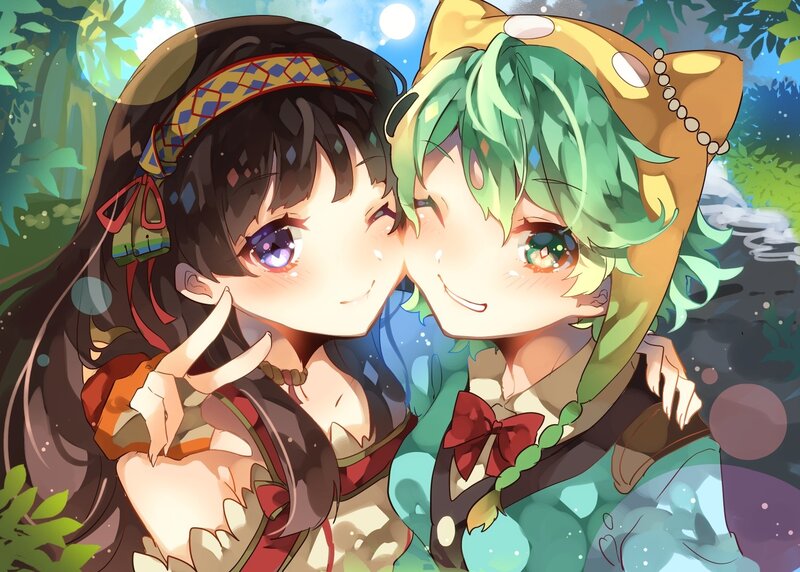 Two Anime Girls Hugging — Green, Happy, Night