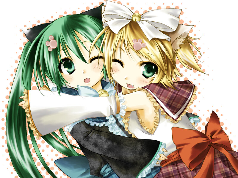 Two Anime Girls Hugging — Green, Happy