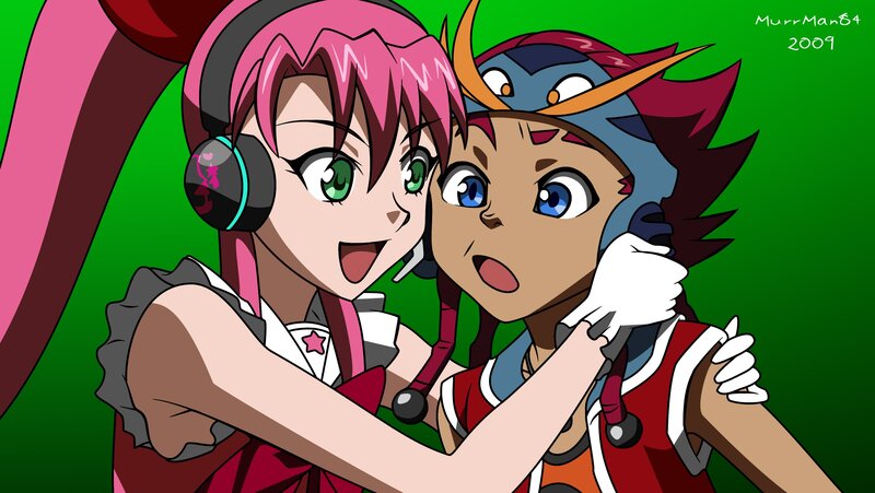 Two Anime Girls Hugging — Green, Playful, Headphones, Hug