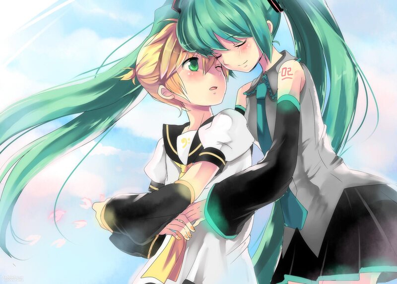 Two Anime Girls Hugging — Green, Serene