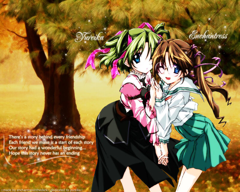 Two Anime Girls Hugging — Green, Warm