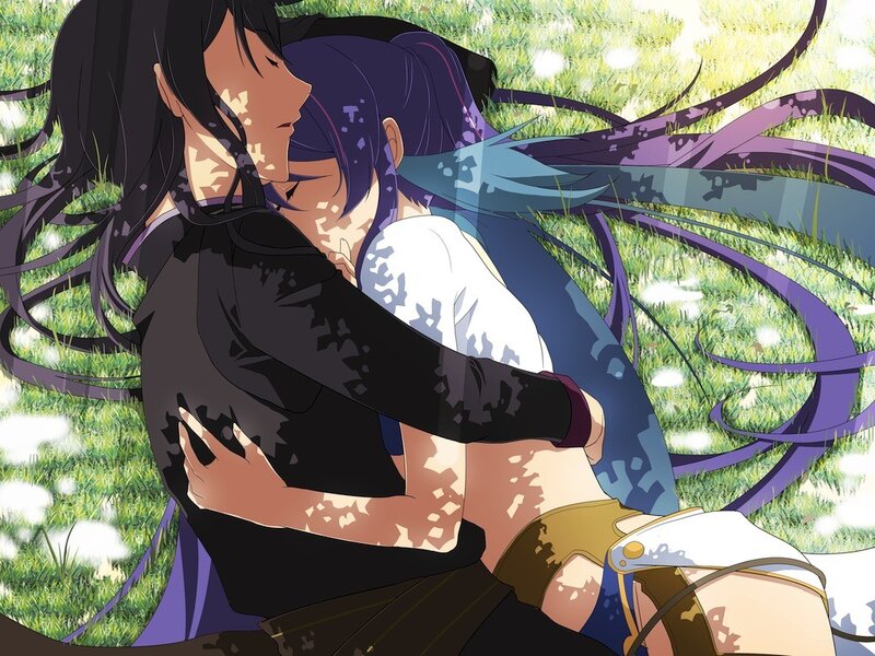 Two anime girls hugging in a field