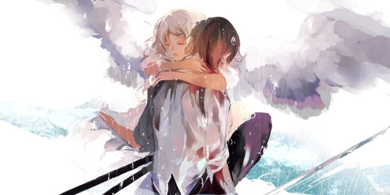 Two anime girls hugging in rain