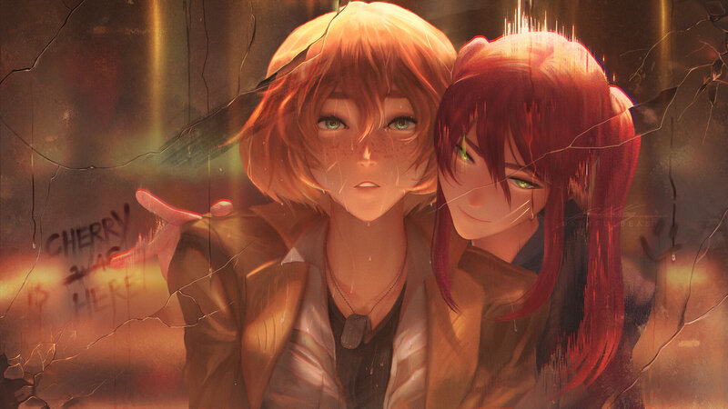 Two Anime Girls Hugging — Orange, Dramatic, Digital Art