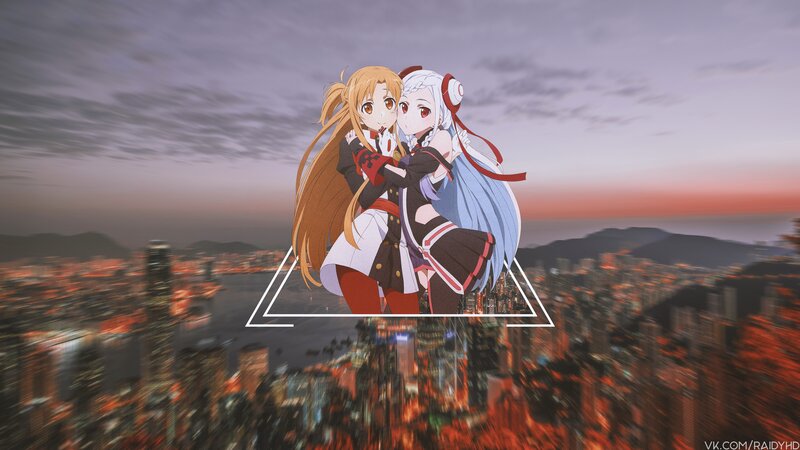 Two Anime Girls Hugging — Orange, Dramatic, Sunset
