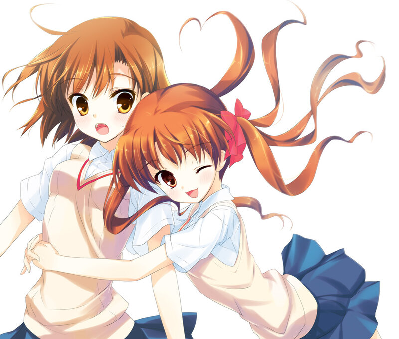 Two Anime Girls Hugging — Orange, Playful