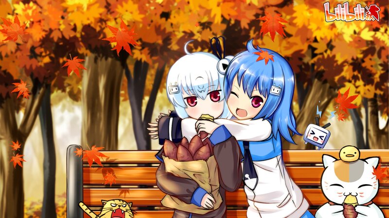 Two Anime Girls Hugging — Orange, Warm, Autumn