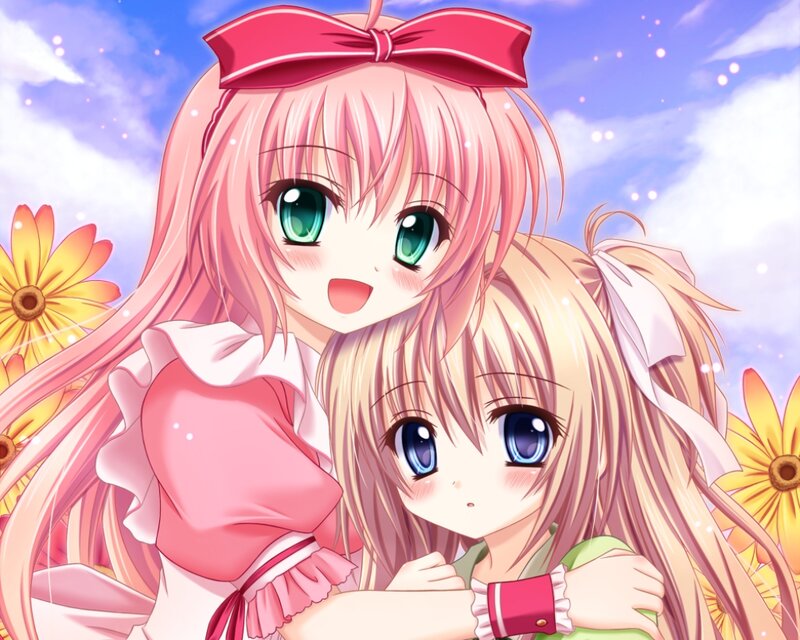 Two Anime Girls Hugging — Pink, Cheerful, Afternoon, Flowers