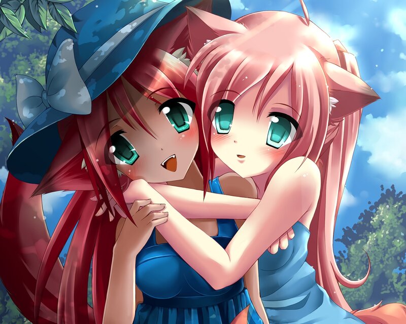 Two Anime Girls Hugging — Pink, Cheerful, Afternoon
