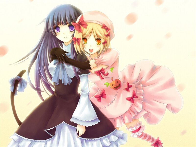 Two Anime Girls Hugging — Pink, Cheerful, Autumn