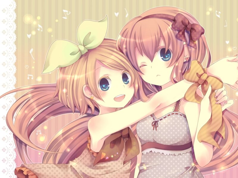 Two Anime Girls Hugging — Pink, Cheerful, Bows