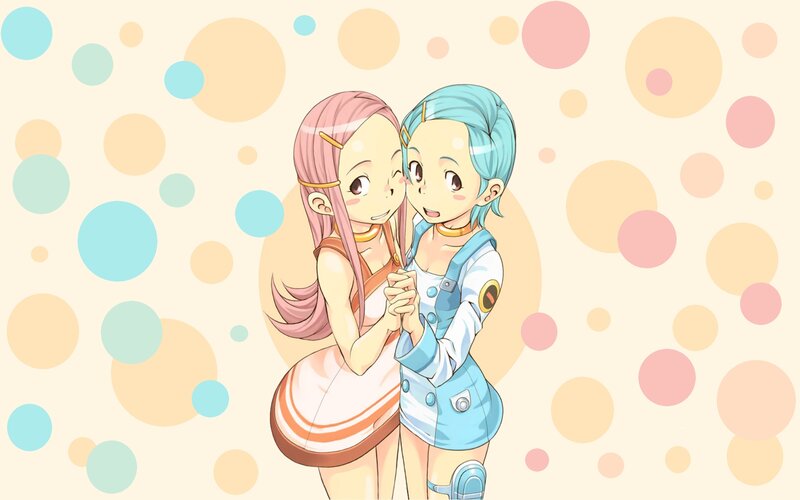 Two Anime Girls Hugging — Pink, Cheerful, Bubbles