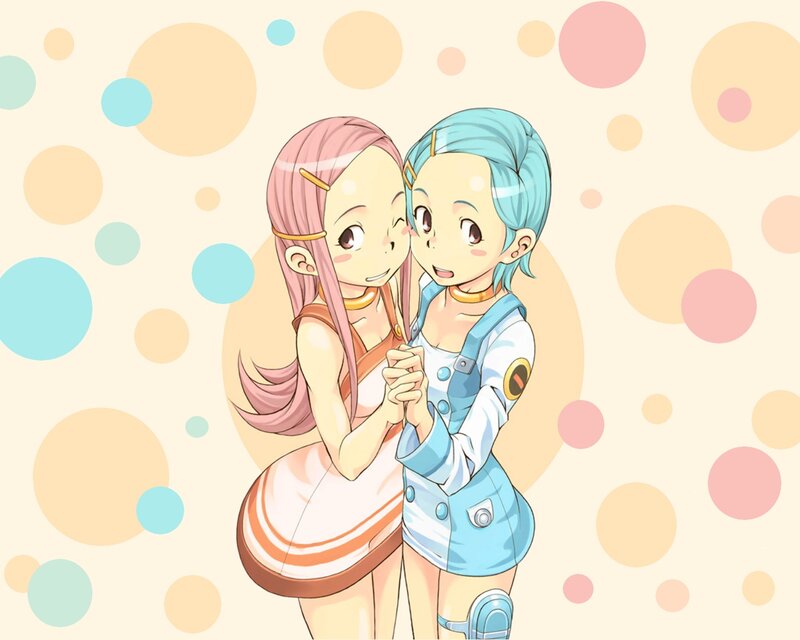 Two Anime Girls Hugging — Pink, Cheerful, Circles