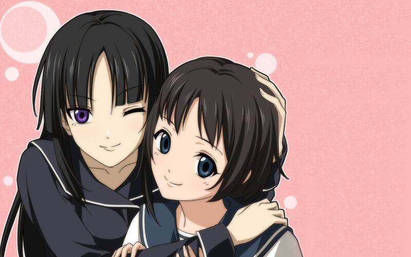 Two Anime Girls Hugging — Pink, Cheerful, School Uniforms, Pink Background, Bubbles