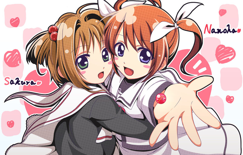 Two Anime Girls Hugging — Pink, Cheerful, School Uniforms