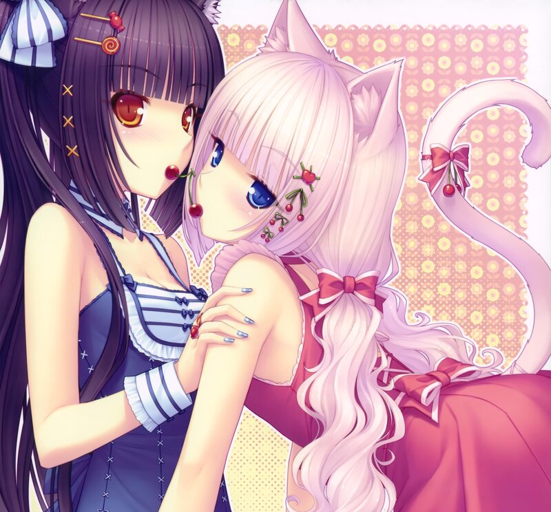 Two Anime Girls Hugging — Pink, Cute, Cat Ears, Cherry Accessories
