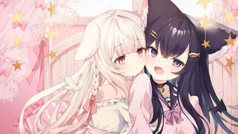 Two Anime Girls Hugging — Pink, Cute, Cat Ears, Stars