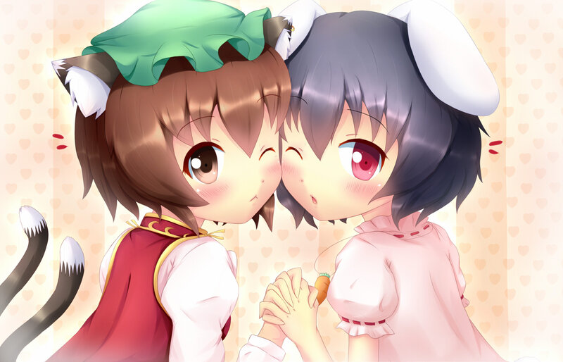 Two Anime Girls Hugging — Pink, Cute, Cat Ears, Tails, Carrot