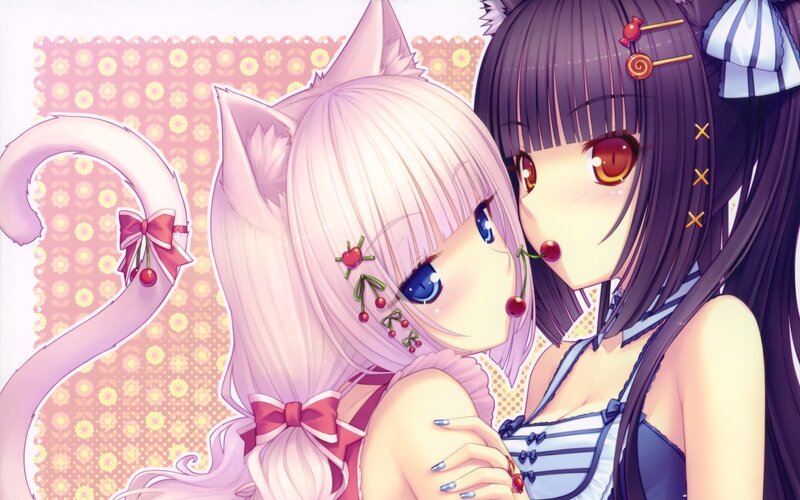 Two Anime Girls Hugging — Pink, Cute, Cat Ears