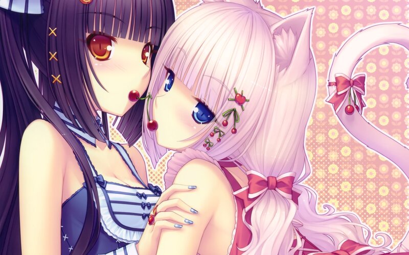 Two Anime Girls Hugging — Pink, Cute, Cherry Decorations