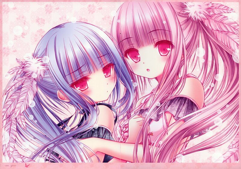 Two Anime Girls Hugging — Pink, Cute, Feathers